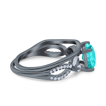 Two Piece Art Deco Princess Cut Wedding Bridal Ring Black Tone, Simulated Paraiba Tourmaline CZ 925 Sterling Silver